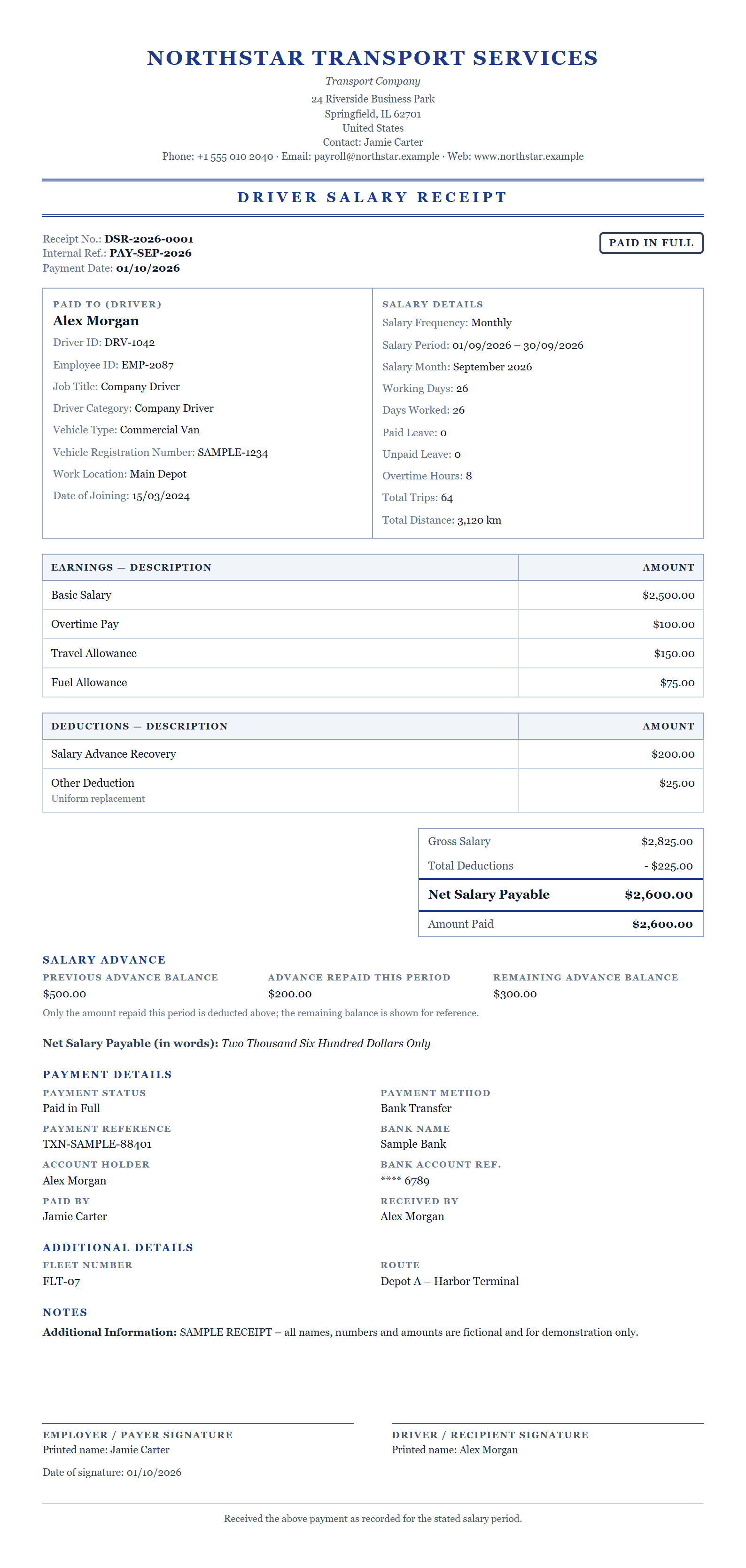 Driver Salary Receipt created with The Bill Generator. Trips, allowances, advance recovery and net pay.