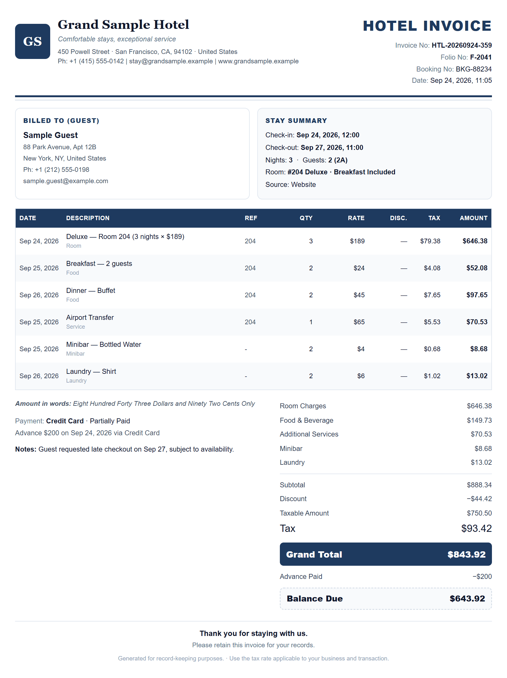Hotel Bill created with The Bill Generator. Stay dates, room charges, services, tax and balance due.