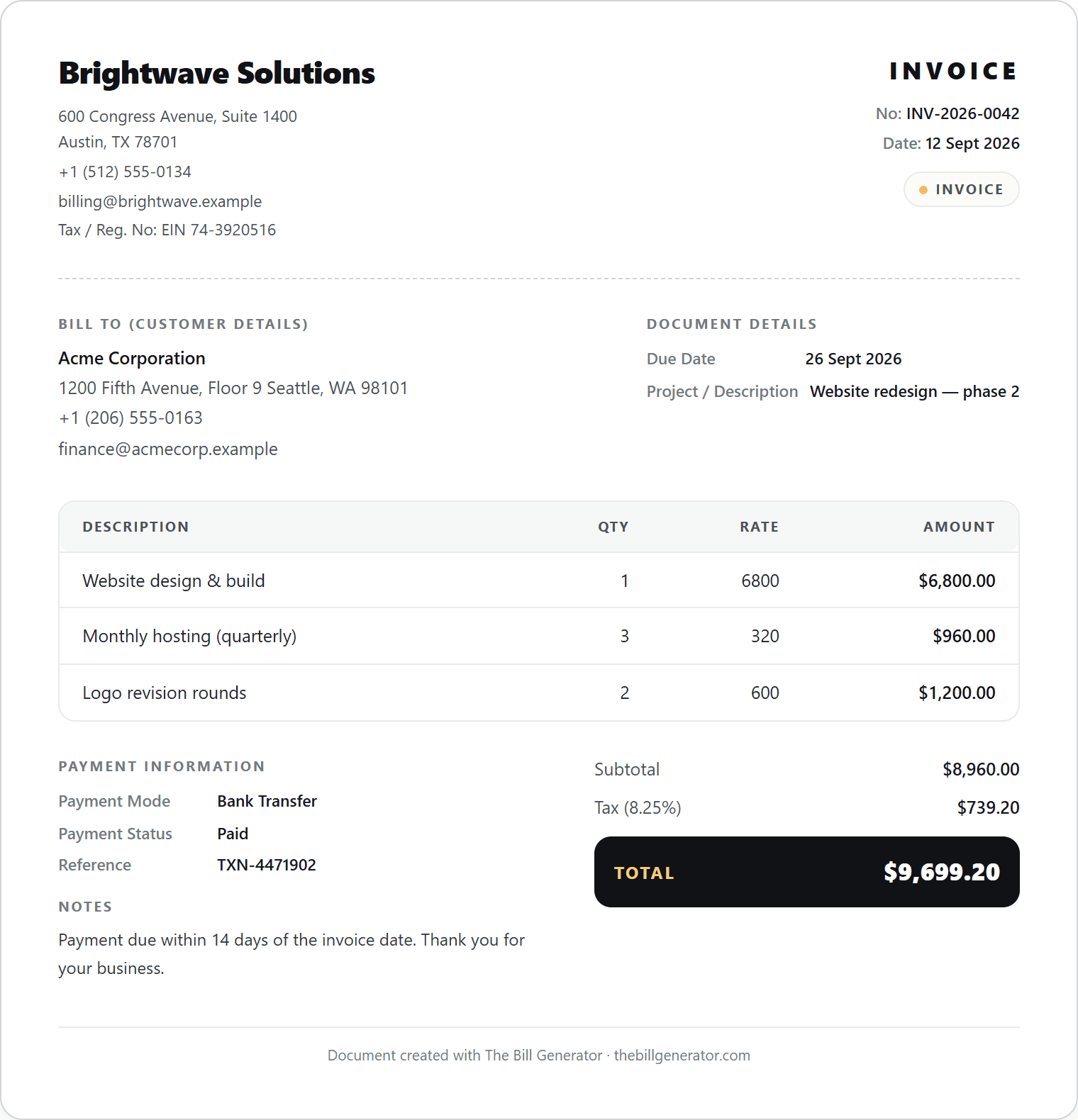 Invoice created with the invoice generator, showing itemised services, tax and total