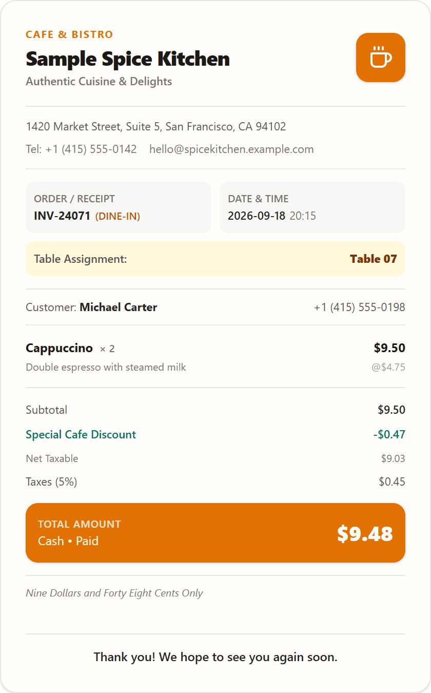 Restaurant bill created with the restaurant bill generator, showing ordered items and tax