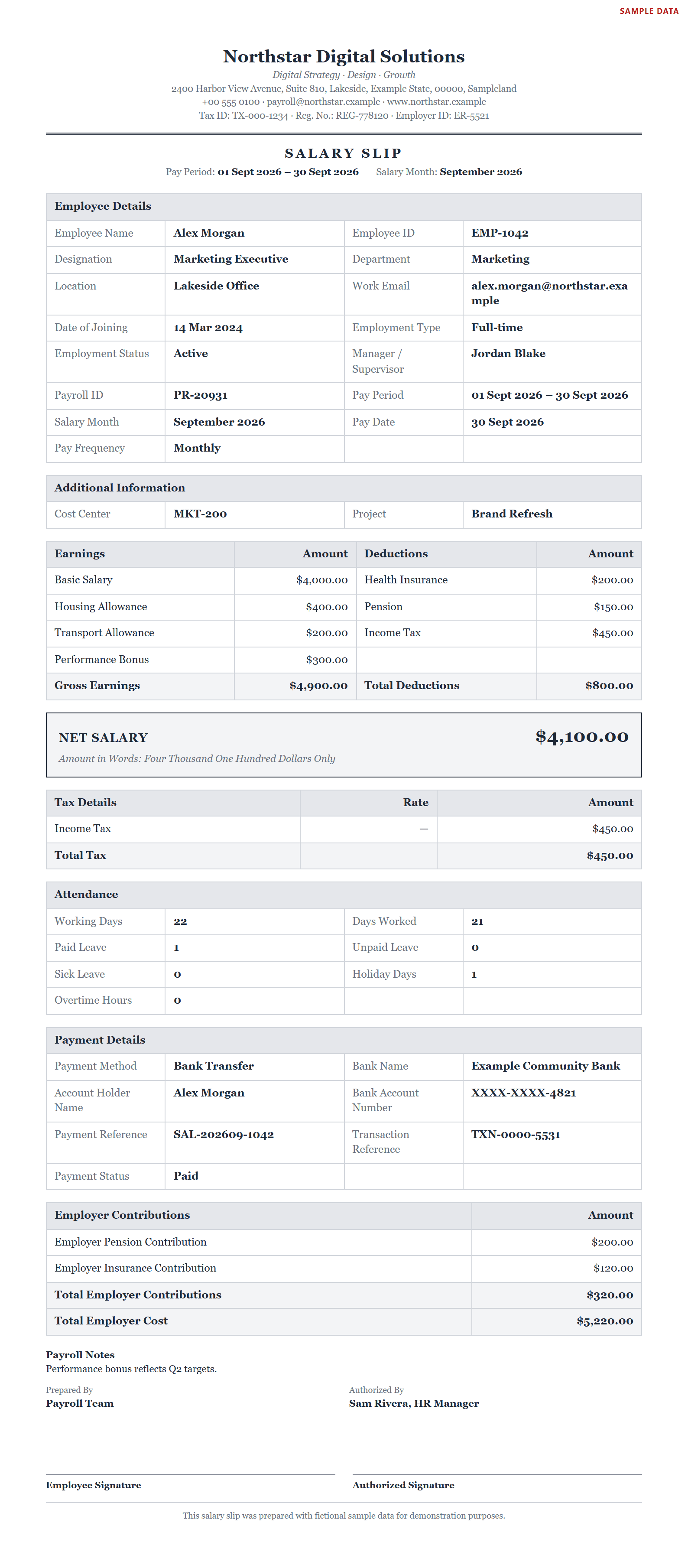 Salary Slip created with The Bill Generator. Earnings, deductions, tax and net salary in words.